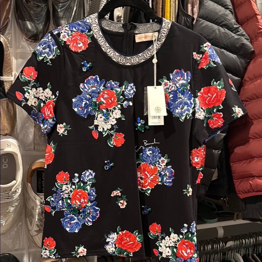 Abrand Black and Red Embellished Blouse with Peter Pan Collar